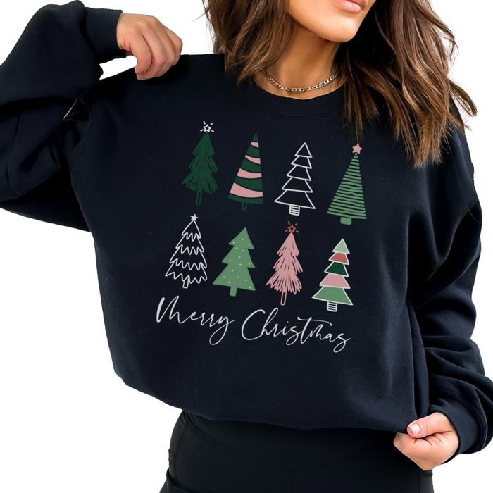 Pink Boho Merry Christmas Trees Sweatshirt, Cute Holiday Graphic Sweatshirt for Women, Cozy Boho Pink and Green Christmas Pullover, Festive Winter Outfit