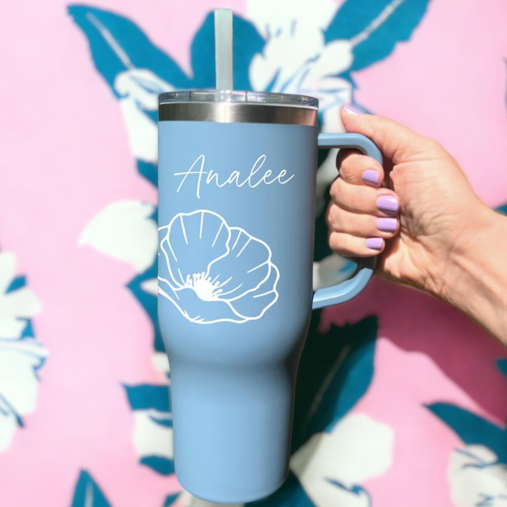 Personalized 40 oz Tumbler with Handle & Straw MAARS Birth Flower Tumbler Gift for Women Insulated Stainless, Bridesmaid Gift for Mom