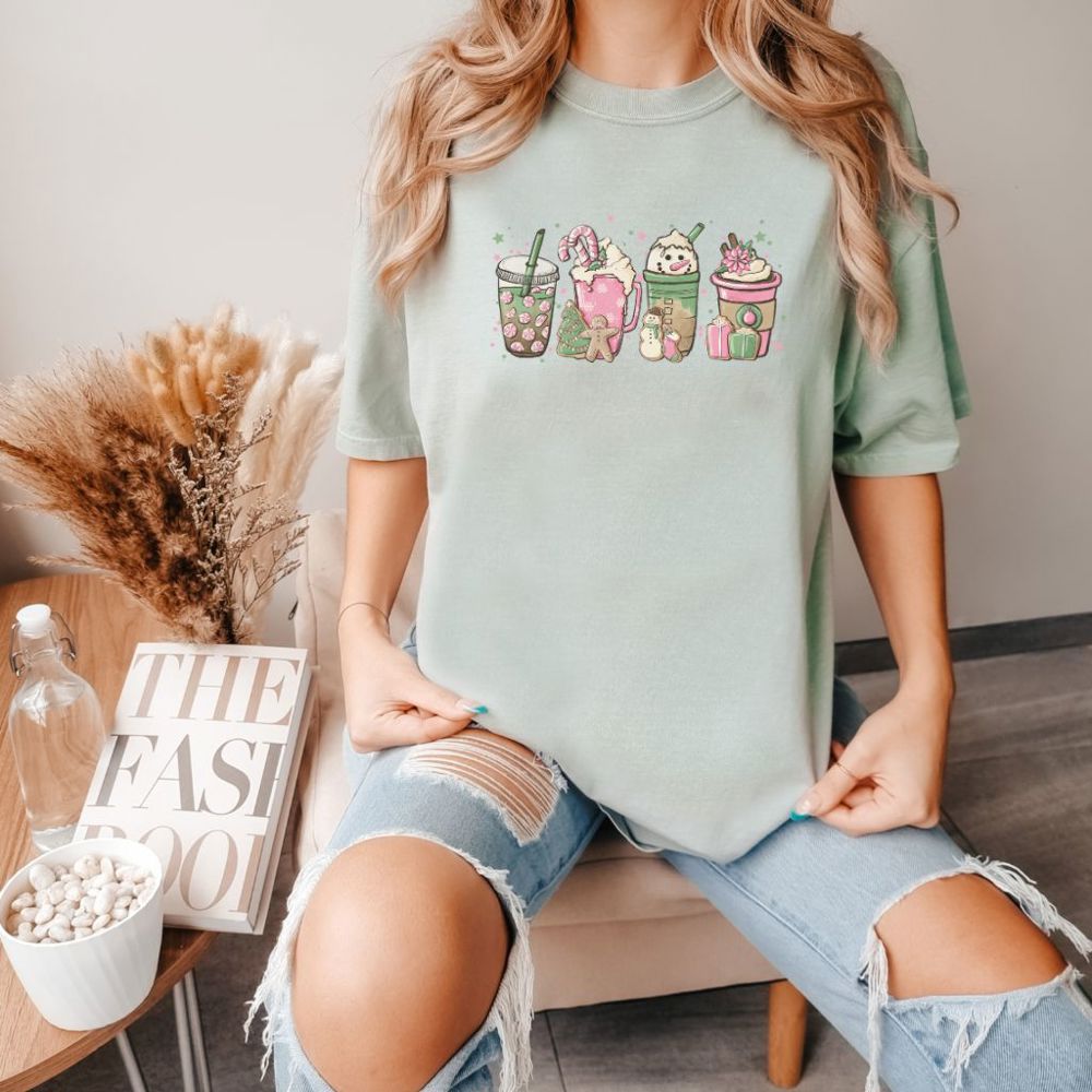 Pink Peppermint Lattes Christmas Shirt, Comfort Color Tees, Gingerbread Christmas Graphic Tees, Leopard Christmas Trees Shirts for Women, Merry and Bright Women's Holiday Shirt Coffee