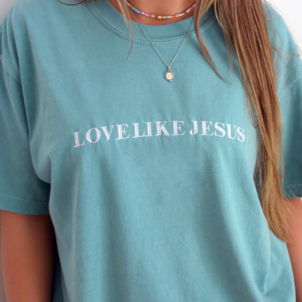 Embroidered Love Like Jesus Christian T-Shirts for Women Faith Religious Gift Short Sleeve Tops Comfort Colors Graphic Tee Cotton