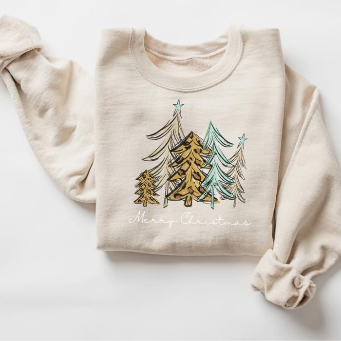 Leopard Trees Christmas Sweatshirt, Cozy Holiday Crewneck, Cute Leopard Print Christmas Tree Sweatshirt for Women