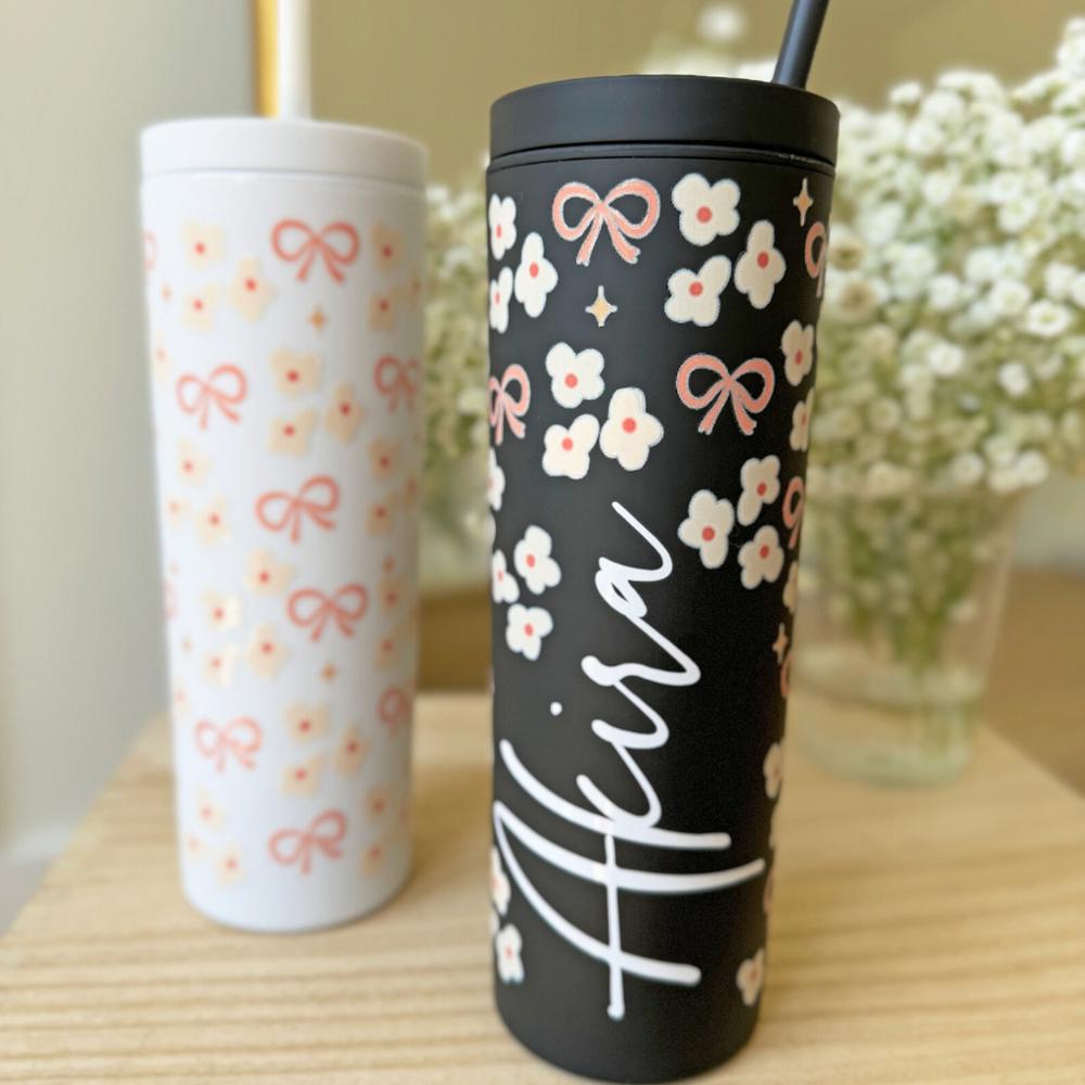 Custom Floral Tumbler With Lid and Straw, Bridesmaids Gifts, Acrylic Personalized Tumbler, Skinny Tumbler, Personalized Gift, Gift for Her