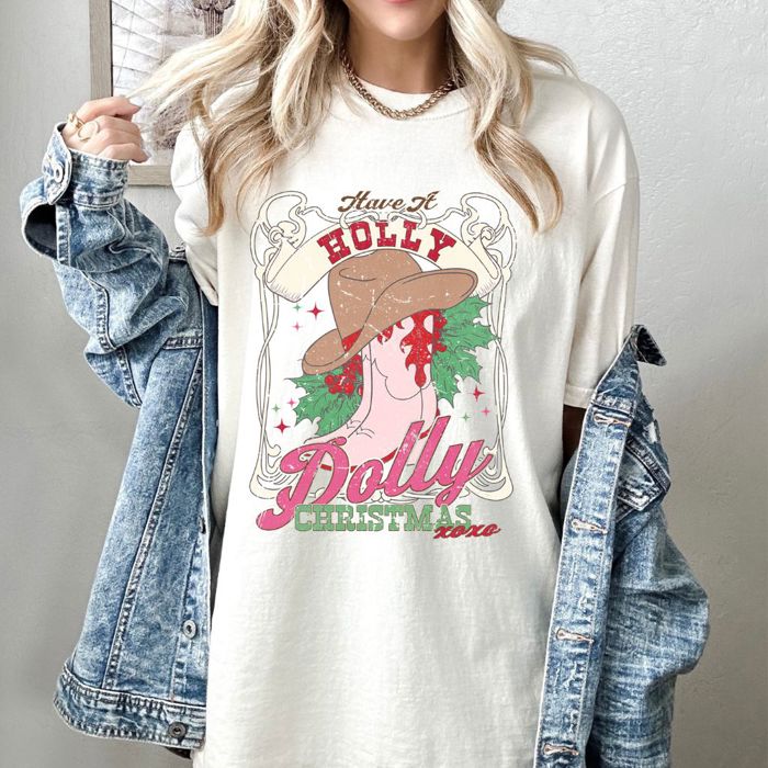 Neutral Lattes Christmas Shirt, Comfort Color Tees, Holly Dolly Christmas Graphic Tees, Debbie Christmas Trees Shirts for Women, Howdy Women's Holiday Shirt Coffee