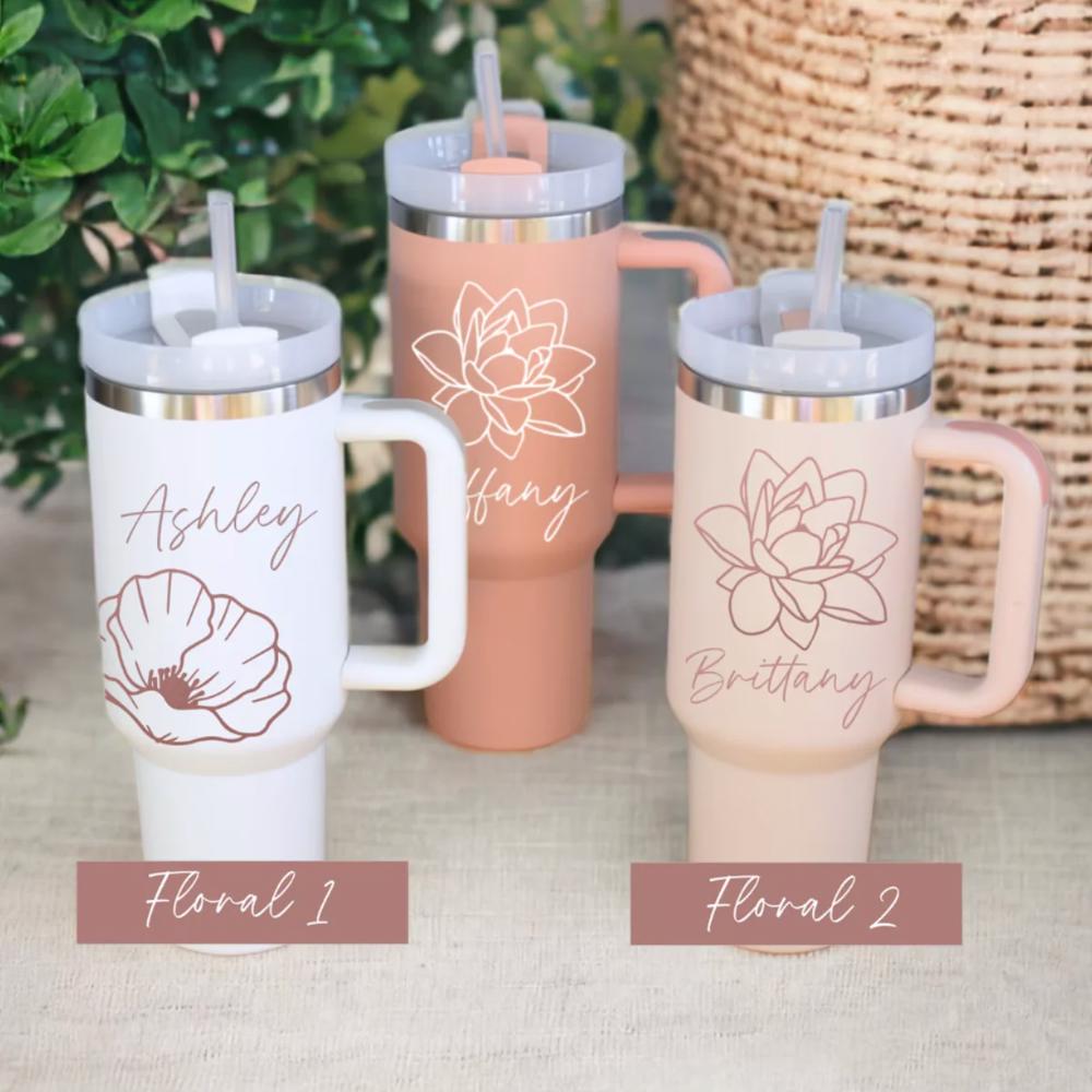 Personalized 40 oz Tumbler with Handle & Straw, Bridesmaid Proposal, Floral Tumbler Gift for Women, Insulated Stainless, Gifts for Her