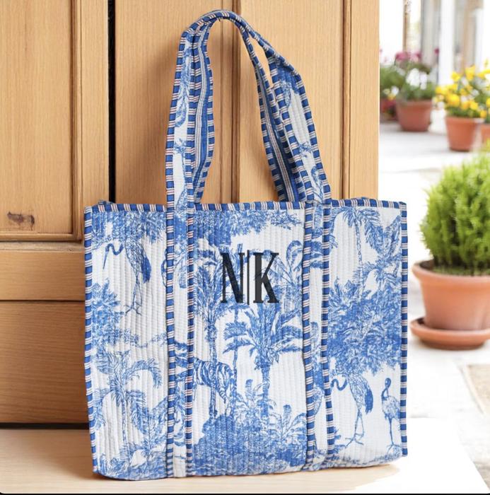Embroidered Cotton Quilted Bag, Block Print Tote Bag for Women, Boho Travel Bag, Handmade Shoulder Purse, Large Floral Weekender, Bridesmaid