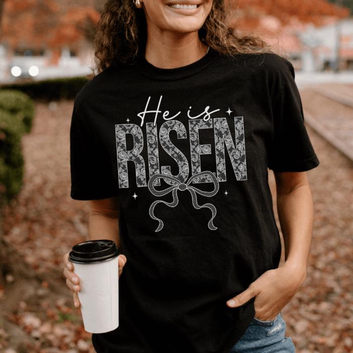 He Is Risen Floral Lace and Bow Comfort Colors Tee, Christian Easter Shirt, Religious Spring Graphic Tee, Church Sunday Top