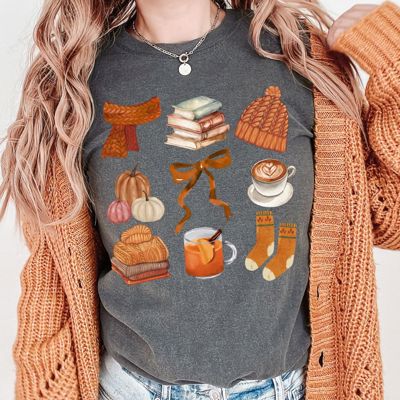 Fall Collage Comfort Colors Graphic Tee, Cozy Autumn T-Shirt for Women with Pumpkins, Scarves & Coffee, Preppy Cute Thanksgiving Outfit, Soft Oversized Fall Shirt