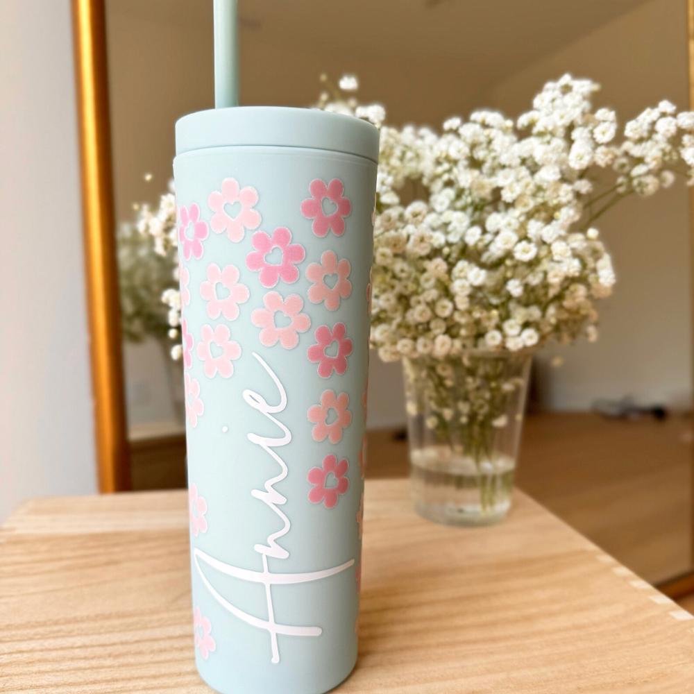 Custom Floral Tumbler With Lid and Straw, Bridesmaids Gifts, Acrylic Personalized Tumbler, Skinny Tumbler, Personalized Gift, Gift for Her