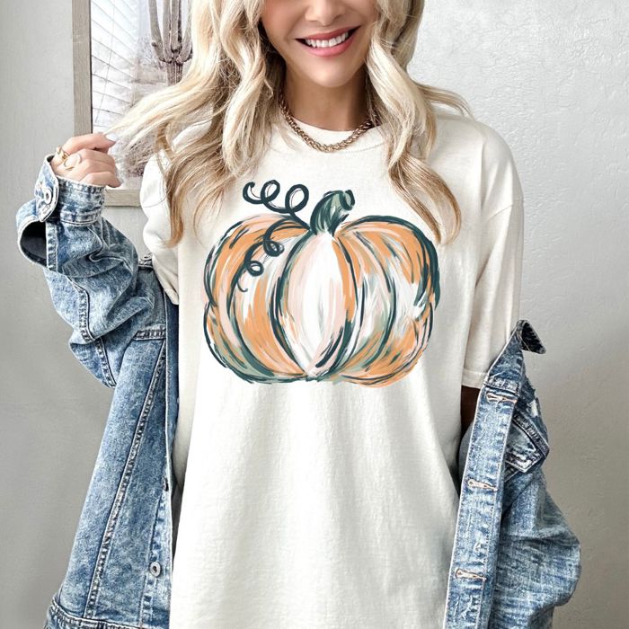 Pumpkin Comfort Colors Graphic Tee, Neutral Fall T-Shirt for Women with Hand-Drawn Pumpkin Design, Soft Autumn Outfit Idea, Cozy Thanksgiving Shirt