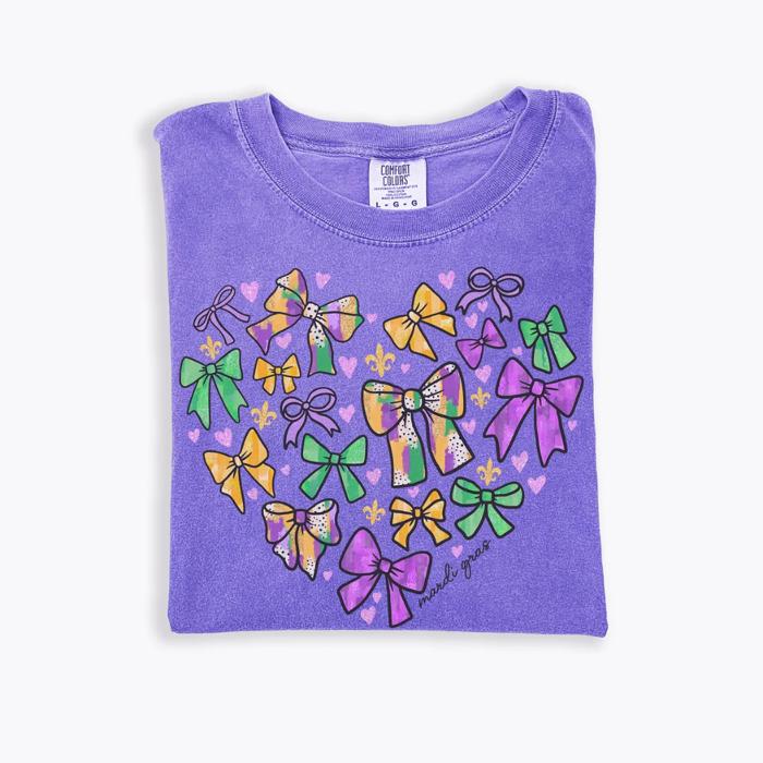 Mardi Gras Shirts for Women Multiple Designs - Bow Collage Comfort Colors Tee - Mardi Gras Outfits - Carnival Graphic T-Shirts - Fat Tuesday Tops