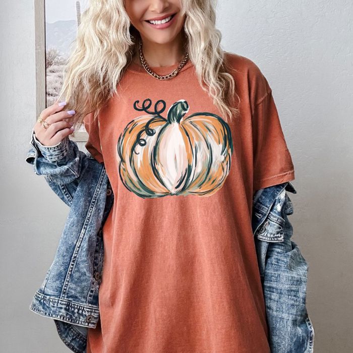 Pumpkin Comfort Colors Graphic Tee, Neutral Fall T-Shirt for Women with Hand-Drawn Pumpkin Design, Soft Autumn Outfit Idea, Cozy Thanksgiving Shirt