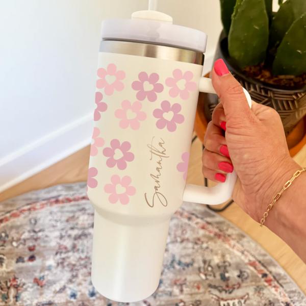 Personalized Lovebomb Flowers 40 oz Tumbler with Handle & Straw, Bridesmaid Proposal, Coquette Bow Floral Tumbler Gift for Women, Insulated Stainless