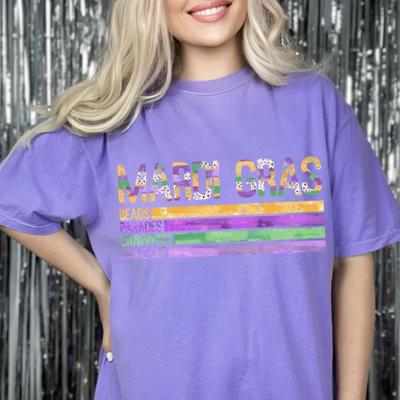 Mardi Gras Shirts for Women Multiple Designs - Bow Collage Comfort Colors Tee - Mardi Gras Outfits - Carnival Graphic T-Shirts - Fat Tuesday Tops