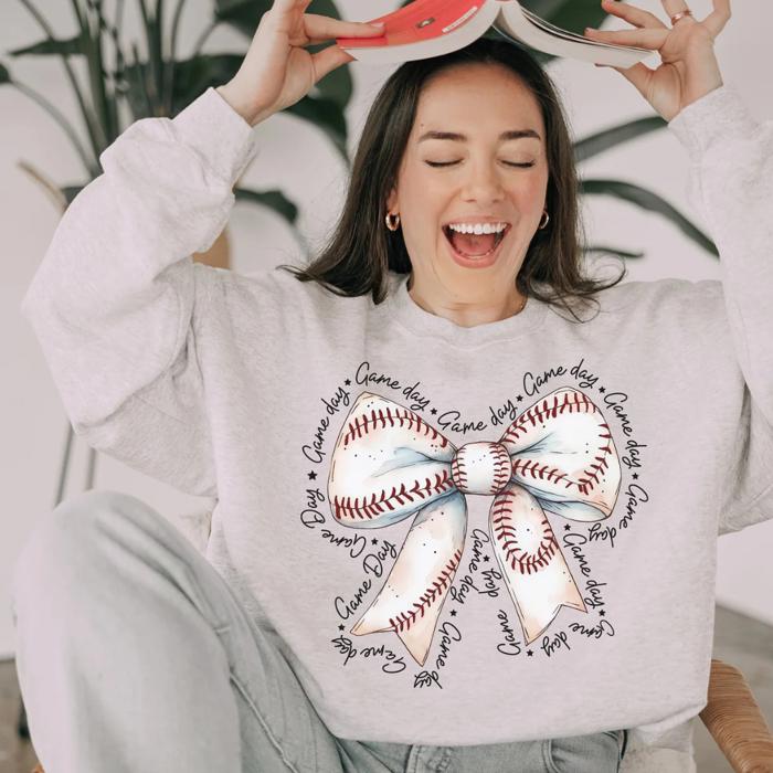 Baseball Bow Sweatshirt – Cozy and Stylish Game Day Apparel for Women