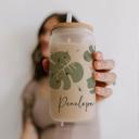 Green Monstera Personalized Iced Coffee Cup Floral Retro, Custom Can Glass with Lid and Straw, Bridesmaid Gift, Bachelorette Glass Cup, Bridesmaid Proposal