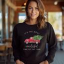  Most Wonderful Time Christmas Truck Sweatshirt, Vintage Red Truck Christmas Crewneck, Cozy Holiday Sweatshirt for Women