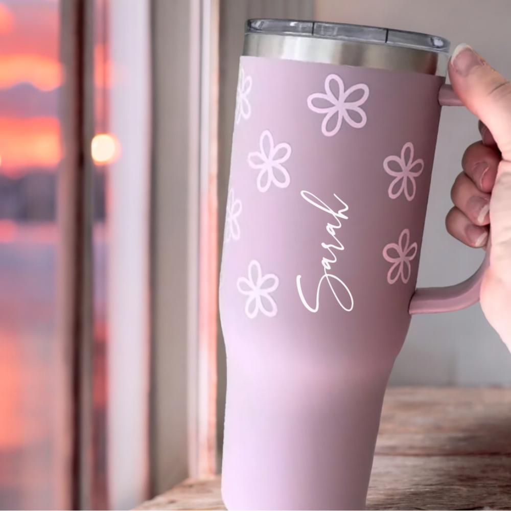 Floral Personalized 40 oz Tumbler with Handle & Straw, MAARS Floral Tumbler Gift for Women Insulated Stainless