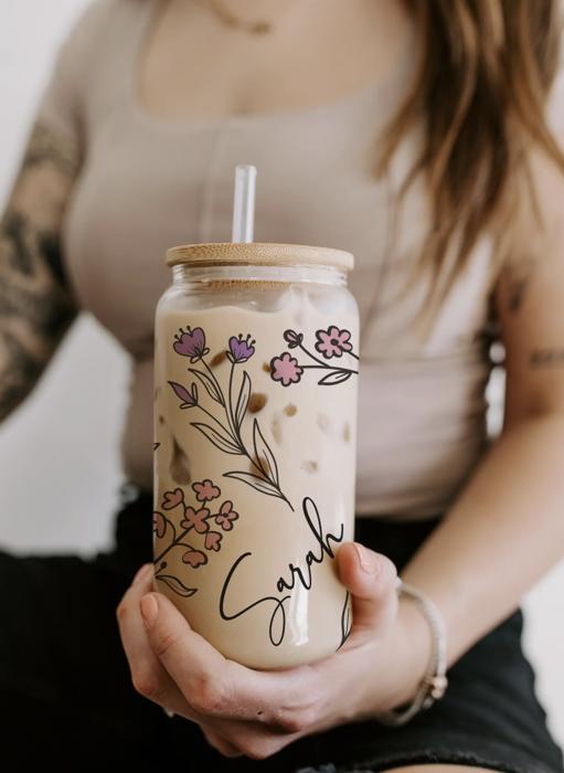 Personalized Iced Coffee Cup Floral Shell, Custom Can Glass with Lid and Straw, Bridesmaid Gift, Bachelorette Glass Cup, Bridesmaid Proposal