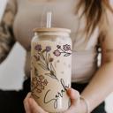 Color Wild Flowers (Frosted Cup) Personalized Iced Coffee Cup Floral Shell, Custom Can Glass with Lid and Straw, Bridesmaid Gift, Bachelorette Glass Cup, Bridesmaid Proposal