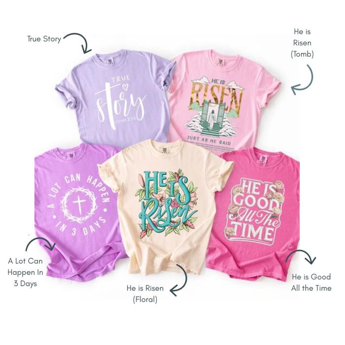 Easter Christian T-Shirt Collection, He Is Risen Comfort Colors Tee, Faith Based Shirts for Women, Spring Colors Religious Tee