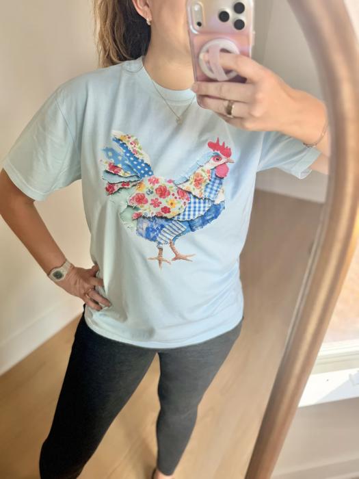 Chicken Faux Texture Patchwork, Cottagecore Hen Graphic Tee, Farmhouse Country Chicken T-Shirt, Vintage Floral Quilt Style Hen Top, Rustic Farm Gift