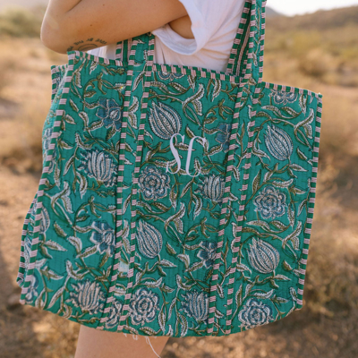 Embroidered Cotton Quilted Bag, Block Print Tote Bag for Women, Boho Travel Bag, Handmade Shoulder Purse, Large Floral Weekender, Bridesmaid