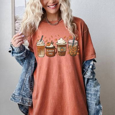 Pumpkin Lattes Comfort Colors Fall Graphic Tee, Cute Autumn Coffee T-Shirt for Women, Cozy Oversized Pumpkin Spice Shirt, Seasonal Preppy Fall Outfit