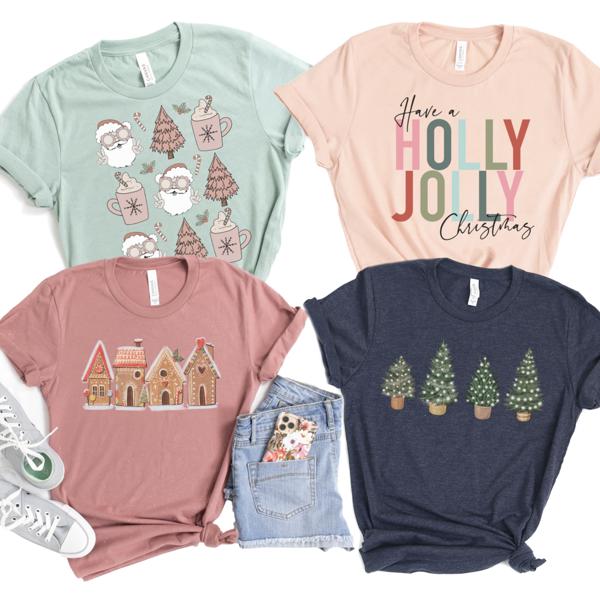 Retro Santa Christmas Shirt, Bella Canvas Shirt, Christmas Trees Graphic Tees, Holly Jolly Christmas Shirts for Women, Classic Christmas