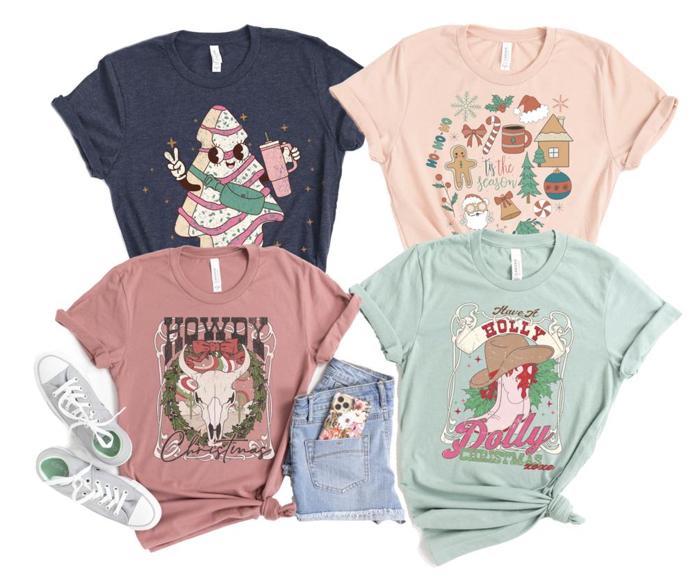 Holly Dolly Christmas Shirt, Bella Canvas Shirt, Christmas Doodles Graphic Tees, Vintage Howdy Christmas Shirts for Women, Classic Christmas