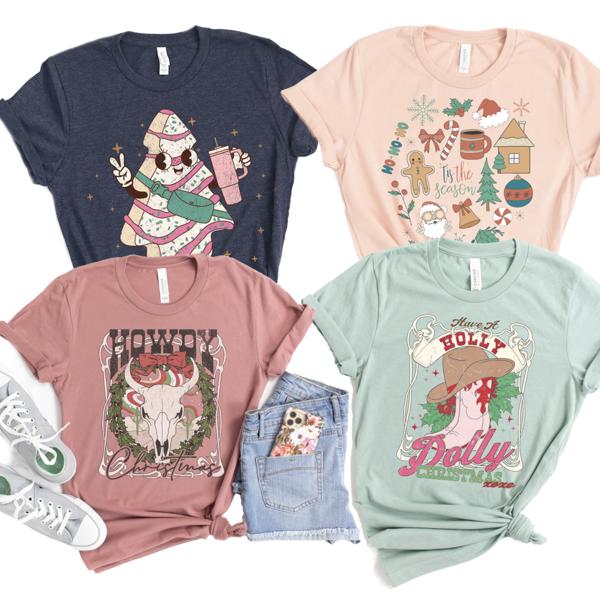 Holly Dolly Christmas Shirt, Bella Canvas Shirt, Christmas Doodles Graphic Tees, Vintage Howdy Christmas Shirts for Women, Classic Christmas