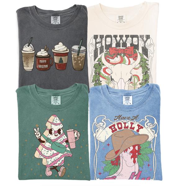 Neutral Lattes Christmas Shirt, Comfort Color Tees, Holly Dolly Christmas Graphic Tees, Debbie Christmas Trees Shirts for Women, Howdy Women's Holiday Shirt Coffee