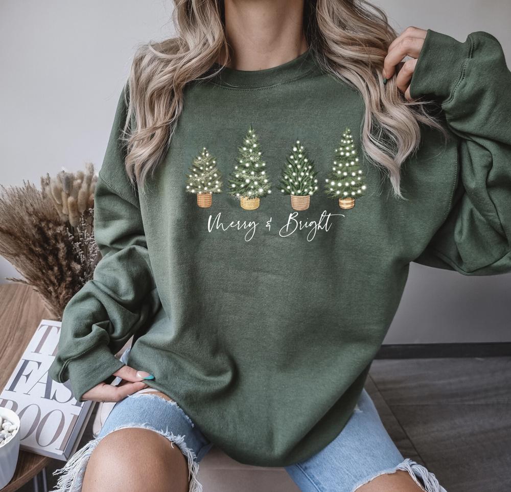 Women's Christmas Sweatshirt Merry & Bright Christmas Trees | Holiday Party Sweater Tees for Her