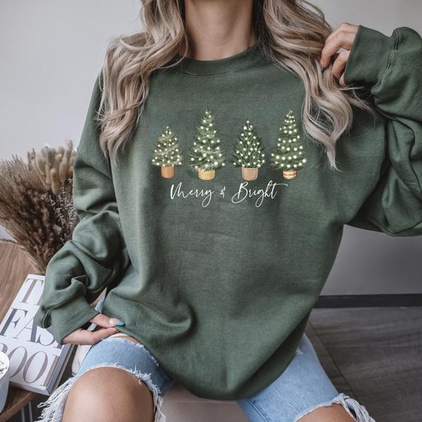 Women's Christmas Sweatshirt Merry & Bright Christmas Trees | Holiday Party Sweater Tees for Her