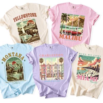 Postcard Paradise Vintage Travel Comfort Colors Tee, Destination Shirts for Women, Scenic Retro-Inspired Destination T-Shirts, Yellowstone, Miami, Malibu, Montana & Charleston