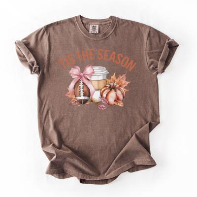 Tis The Season Three Fall Essentials Comfort Colors Tee, Pumpkin, Latte & Leaf Fall Shirt, Cozy Autumn Graphic Tee for Women, Seasonal Aesthetic Top