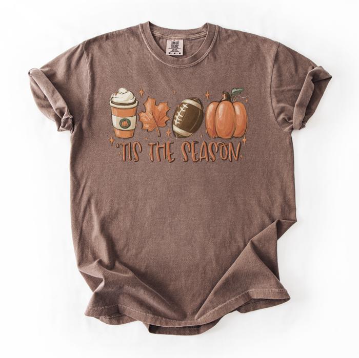 Tis The Season Three Fall Essentials Comfort Colors Tee, Pumpkin, Latte & Leaf Fall Shirt, Cozy Autumn Graphic Tee for Women, Seasonal Aesthetic Top