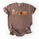  Tis The Season Three Fall Essentials Comfort Colors Tee, Pumpkin, Latte & Leaf Fall Shirt, Cozy Autumn Graphic Tee for Women, Seasonal Aesthetic Top