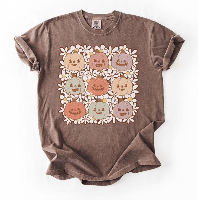 Pumpkins Pastel Floral Fall Comfort Colors Tee, Fall Graphic Shirt for Women, Autumn Aesthetic Tee, Soft Boho Pumpkin Shirt, Cozy Seasonal Outfit