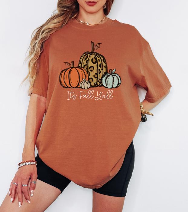 It’s Fall Y’all Leopard Pumpkin Comfort Colors Tee, Fall Graphic Shirt for Women, Autumn Western Tee, Country Cowgirl Pumpkin Shirt, Cozy Fall Outfit