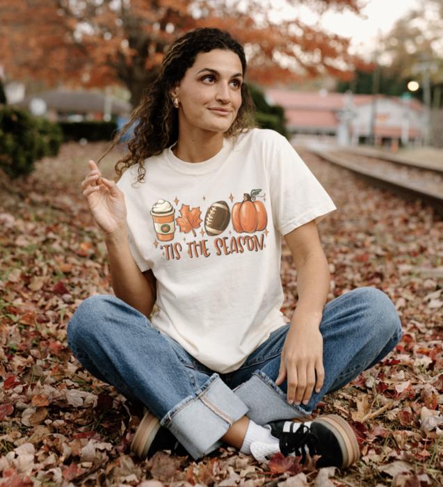 Tis The Season Three Fall Essentials Comfort Colors Tee, Pumpkin, Latte & Leaf Fall Shirt, Cozy Autumn Graphic Tee for Women, Seasonal Aesthetic Top