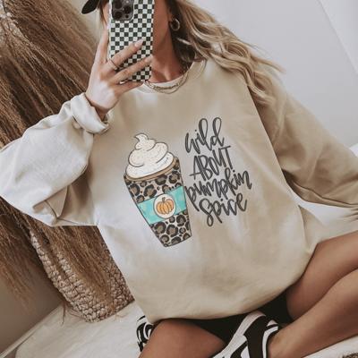 Wild About Pumpkin Spice Fall Graphic Crewneck Sweatshirt, Cozy Pumpkin Season Sweater, Retro Leopard Print Autumn Pullover, Cute Fall Outfit for Women