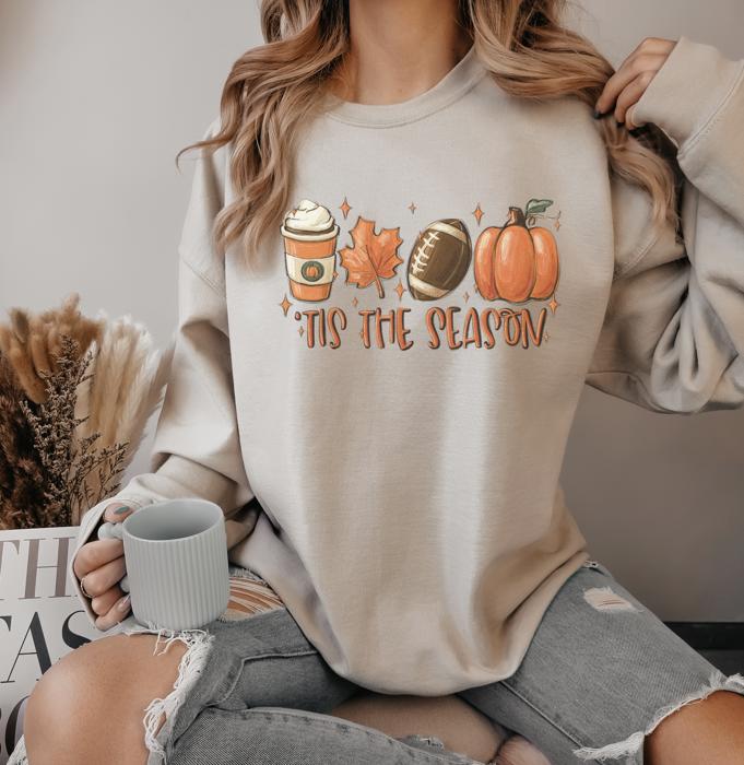 Tis The Season Latte Autumn Leaf Pumpkin Fall Graphic Crewneck Sweatshirt, Cozy Fall Sweater, Cute Pumpkin Spice Latte Crew, Autumn Coffee Lover Pullover