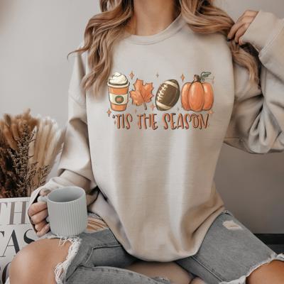 Tis The Season Latte Autumn Leaf Pumpkin Fall Graphic Crewneck Sweatshirt, Cozy Fall Sweater, Cute Pumpkin Spice Latte Crew, Autumn Coffee Lover Pullover