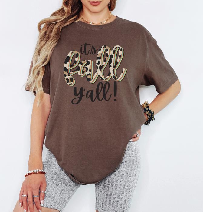 It’s Fall Y’all Leopard Tee Comfort Colors Fall Shirt for Women, Cute Leopard Pumpkin Graphic Tee, Southern Fall T-Shirt Autumn Outfit Idea