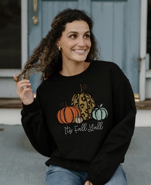 It’s Fall Y’all Leopard Pumpkin Sweatshirt, Cute Fall Graphic Crewneck, Autumn Sweater for Women, Cozy Thanksgiving Pullover, Pumpkin Season Shirt