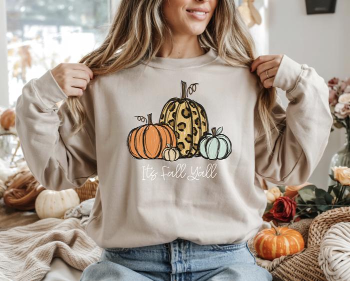 It’s Fall Y’all Leopard Pumpkin Sweatshirt, Cute Fall Graphic Crewneck, Autumn Sweater for Women, Cozy Thanksgiving Pullover, Pumpkin Season Shirt