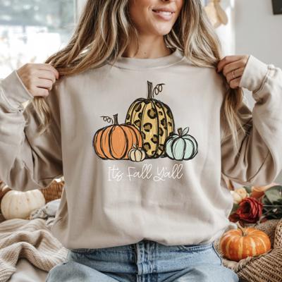 It’s Fall Y’all Leopard Pumpkin Sweatshirt, Cute Fall Graphic Crewneck, Autumn Sweater for Women, Cozy Thanksgiving Pullover, Pumpkin Season Shirt