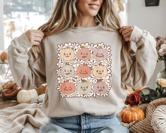 Pastel Pumpkins Fall Sweatshirt, Cute Fall Graphic Crewneck, Cozy Autumn Sweater for Women, Light Aesthetic Thanksgiving Pullover, Soft Pumpkin Season Shirt