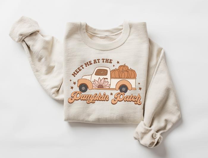 Meet Me At The Pumpkin Patch Fall Graphic Crewneck Sweatshirt, Cozy Autumn Pullover, Cute Oversized Pumpkin Patch Outfit, Retro Fall Sweater for Women