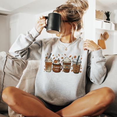 Pumpkin Spice Latte Autumn Sweatshirt, Autumn Graphic T-Shirt for Women, Cozy Oversized Pumpkin Season Shirt, Preppy Fall Outfit